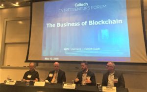 Photo of panel. From left to right: Professor Leonard Adleman , Andy Tomat, David Padula, Joe Andrieu.